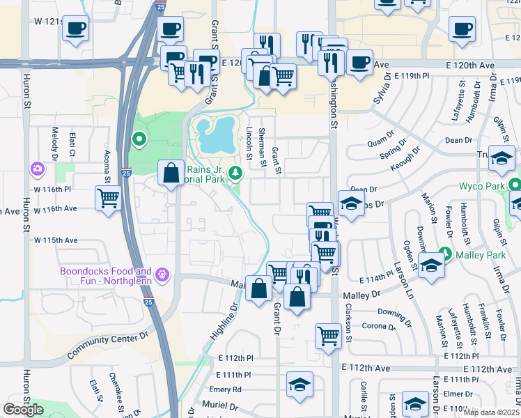 map of restaurants, bars, coffee shops, grocery stores, and more near 424 East 116th Avenue in Northglenn