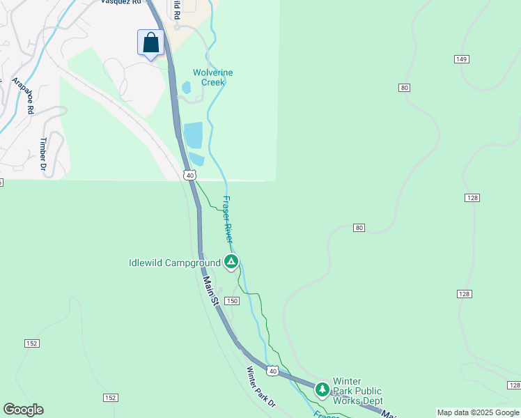 map of restaurants, bars, coffee shops, grocery stores, and more near Fraser River Trail in Winter Park
