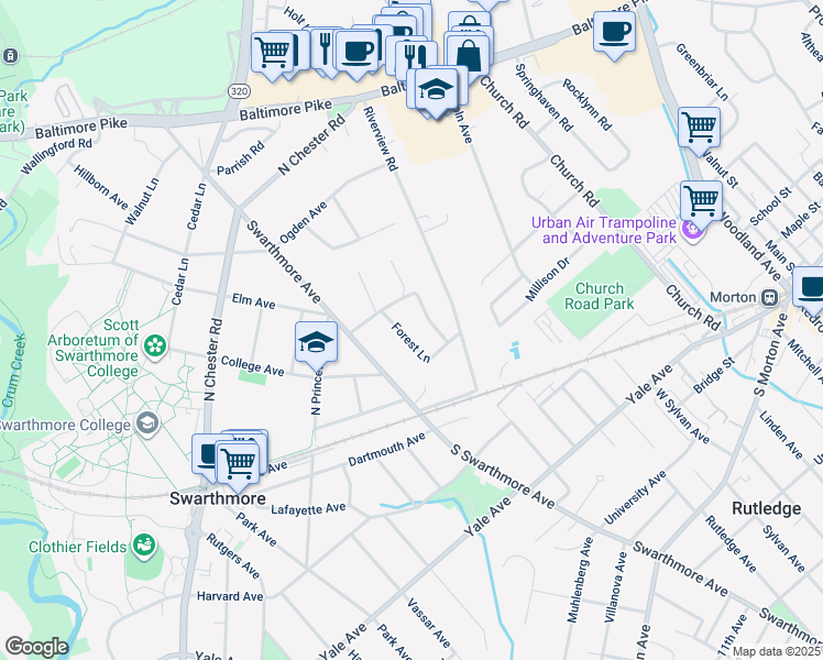 map of restaurants, bars, coffee shops, grocery stores, and more near 40 Forest Lane in Swarthmore
