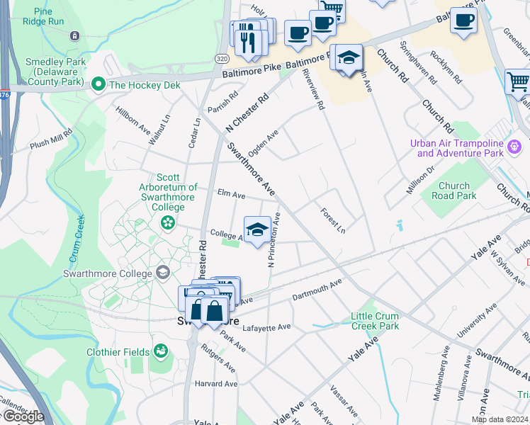 map of restaurants, bars, coffee shops, grocery stores, and more near 315 Chestnut Avenue in Swarthmore