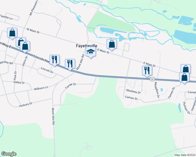 map of restaurants, bars, coffee shops, grocery stores, and more near 5125 Lincoln Way East in Fayetteville