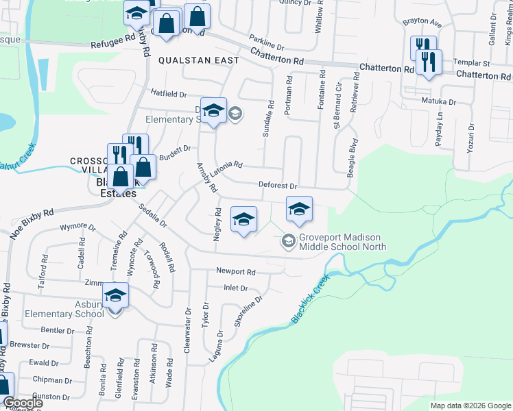 map of restaurants, bars, coffee shops, grocery stores, and more near 3440 Arnsby Road in Columbus