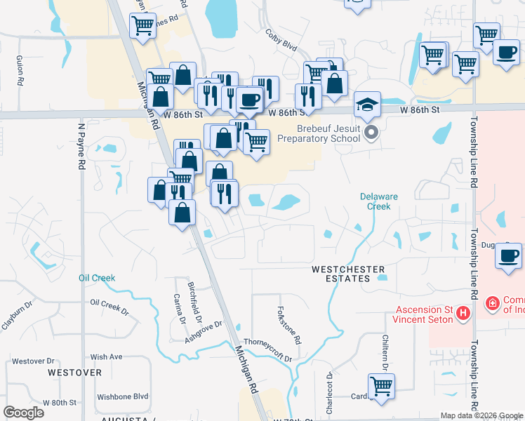 map of restaurants, bars, coffee shops, grocery stores, and more near 8347 North Basswood Drive in Indianapolis