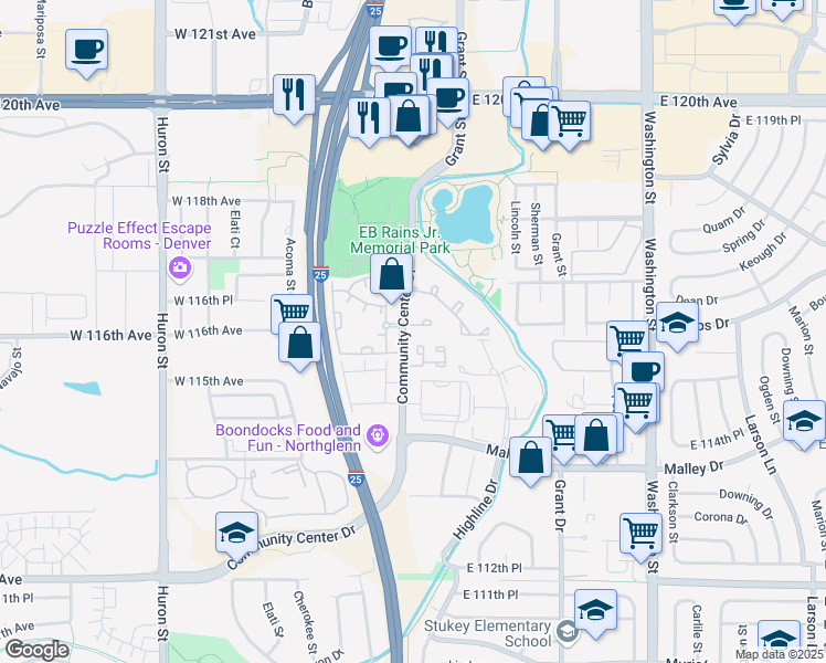 map of restaurants, bars, coffee shops, grocery stores, and more near 11602 Community Center Drive in Northglenn