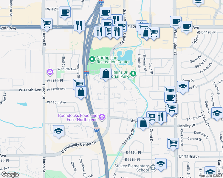 map of restaurants, bars, coffee shops, grocery stores, and more near 11602 Community Center Drive in Northglenn