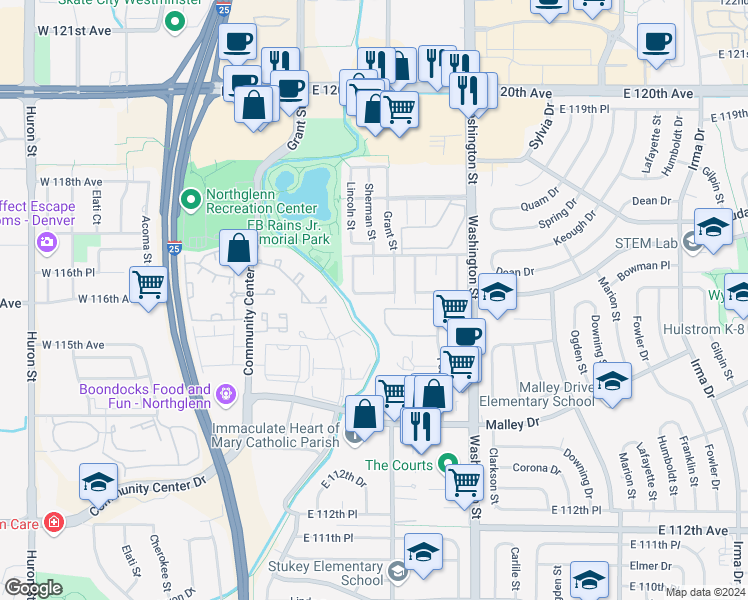 map of restaurants, bars, coffee shops, grocery stores, and more near 424 East 116th Avenue in Northglenn