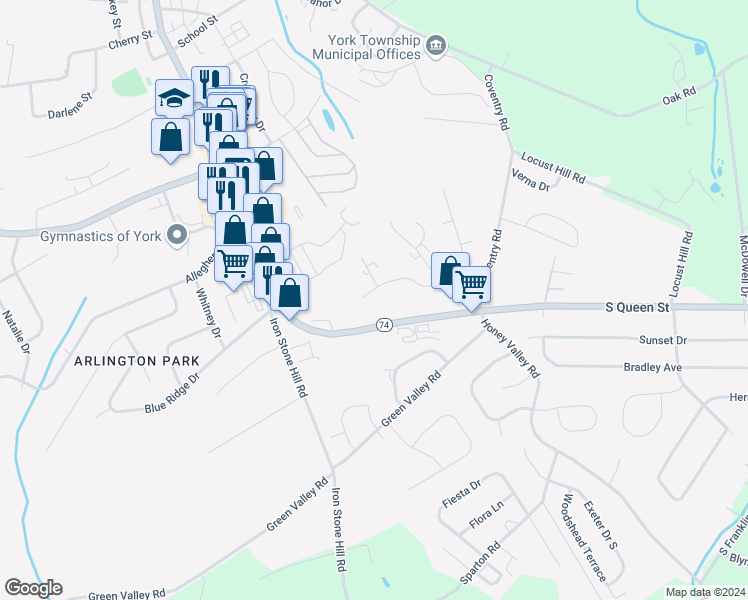 map of restaurants, bars, coffee shops, grocery stores, and more near 245 Olney Road in Dallastown