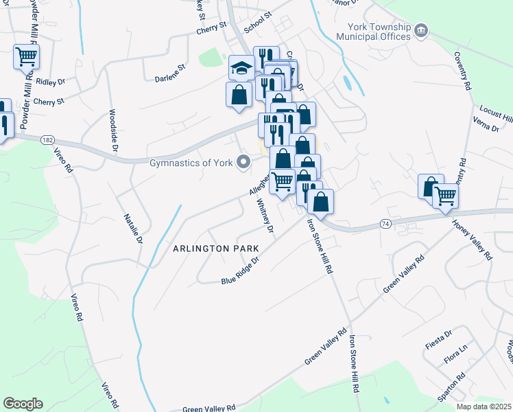 map of restaurants, bars, coffee shops, grocery stores, and more near 2710 Whitney Drive in York