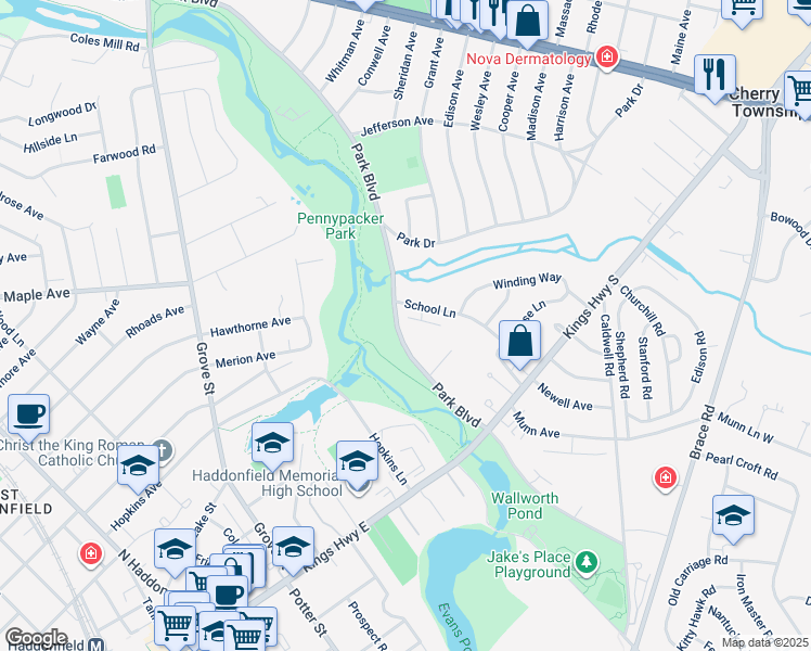 map of restaurants, bars, coffee shops, grocery stores, and more near 154 Park Boulevard in Cherry Hill Township