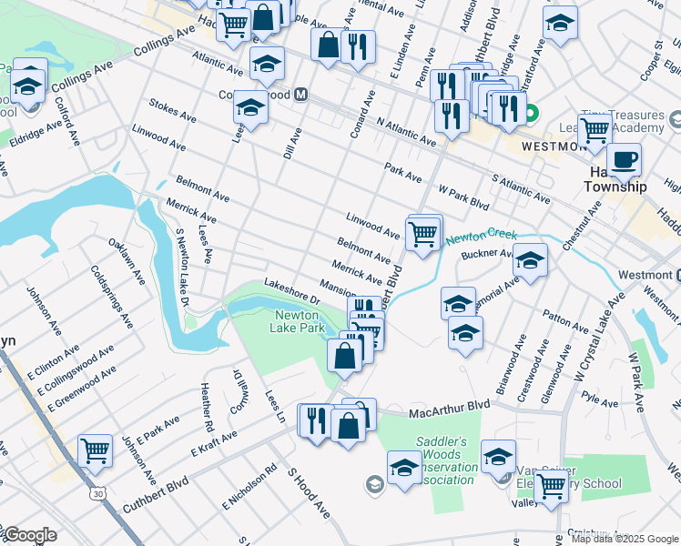 map of restaurants, bars, coffee shops, grocery stores, and more near 1015 Merrick Avenue in Collingswood