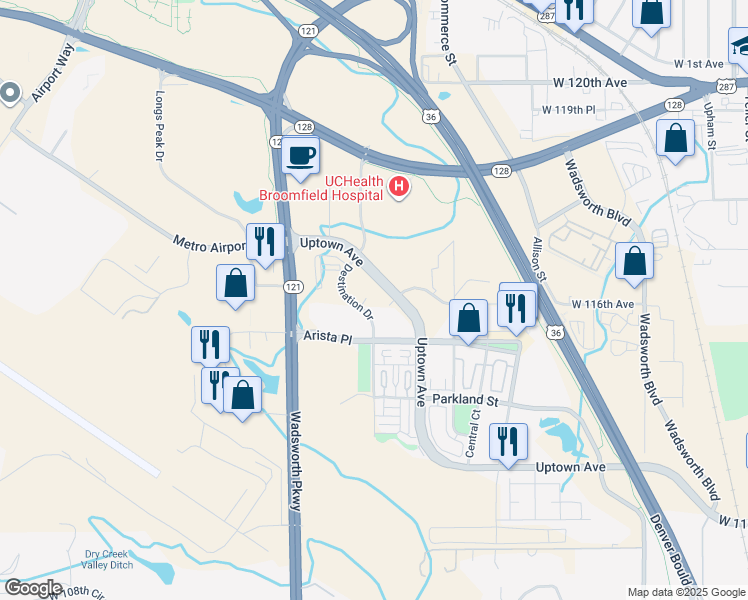 map of restaurants, bars, coffee shops, grocery stores, and more near 8029 West 116th Avenue in Broomfield