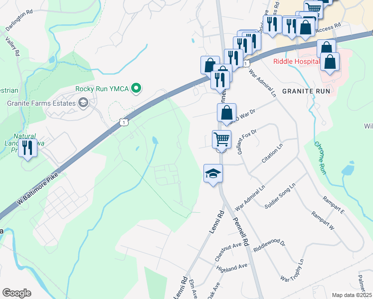 map of restaurants, bars, coffee shops, grocery stores, and more near 19 Overlook Circle in Media