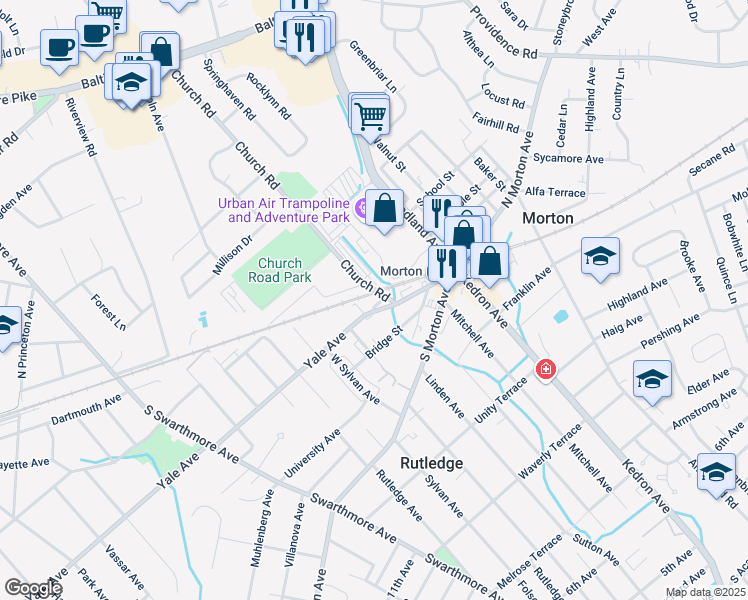 map of restaurants, bars, coffee shops, grocery stores, and more near 100 Christian Street in Morton