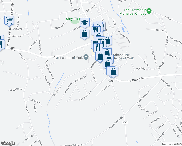 map of restaurants, bars, coffee shops, grocery stores, and more near 2710 Whitney Drive in York