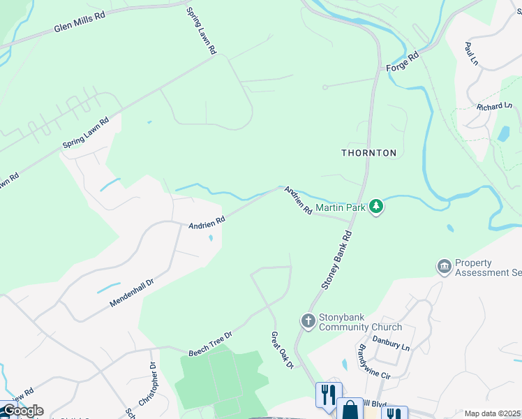map of restaurants, bars, coffee shops, grocery stores, and more near 36 Andrien Road in Glen Mills