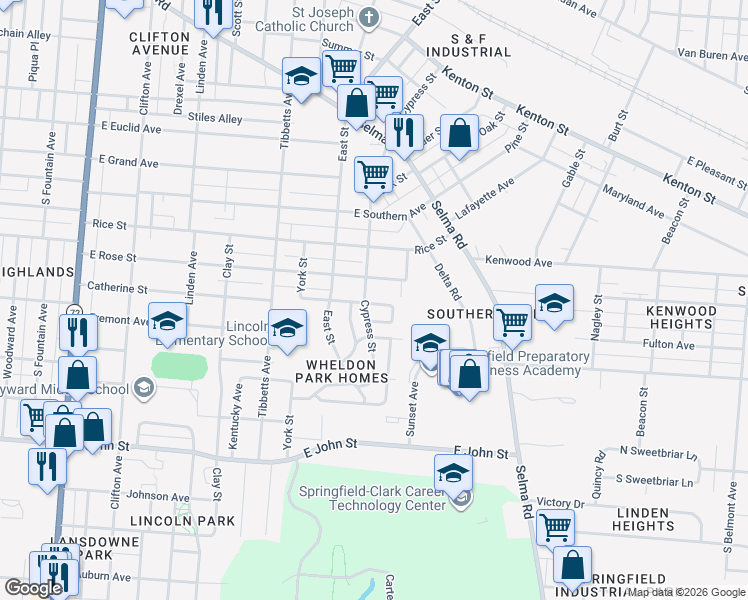 map of restaurants, bars, coffee shops, grocery stores, and more near 906 Catherine Street in Springfield