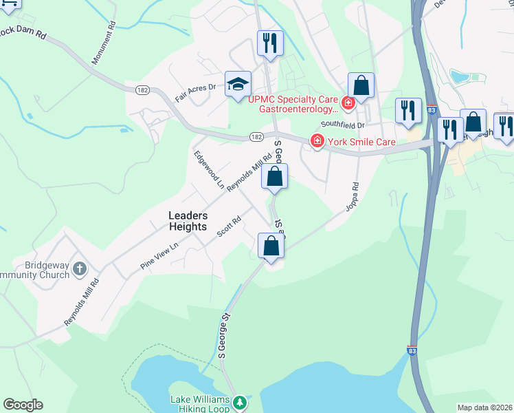 map of restaurants, bars, coffee shops, grocery stores, and more near 2623 Southern Hills Road in York