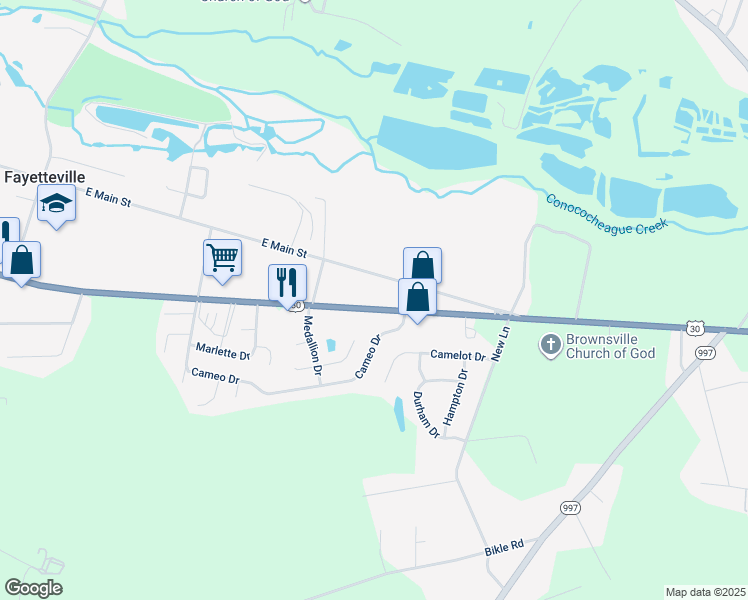 map of restaurants, bars, coffee shops, grocery stores, and more near 5735 Lincoln Way East in Fayetteville