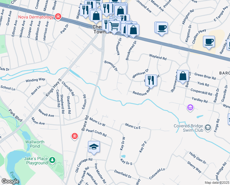 map of restaurants, bars, coffee shops, grocery stores, and more near 9 Parkwood Road in Cherry Hill