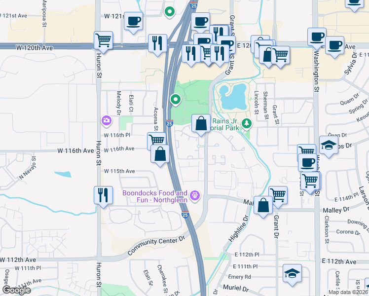 map of restaurants, bars, coffee shops, grocery stores, and more near 11625 Community Center Drive in Northglenn