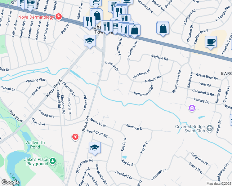 map of restaurants, bars, coffee shops, grocery stores, and more near 9 Parkwood Road in Cherry Hill