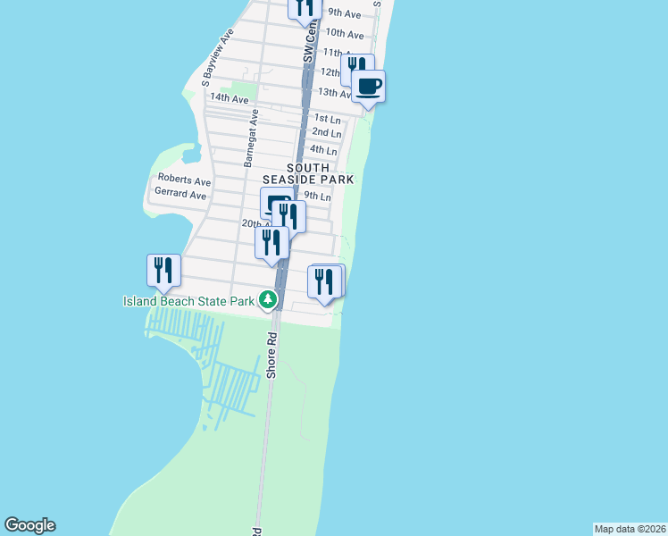 map of restaurants, bars, coffee shops, grocery stores, and more near 1 21st Avenue in Seaside Park