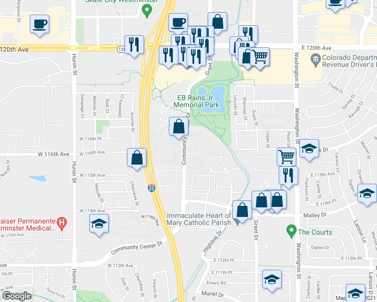 map of restaurants, bars, coffee shops, grocery stores, and more near 11614 Community Center Drive in Northglenn