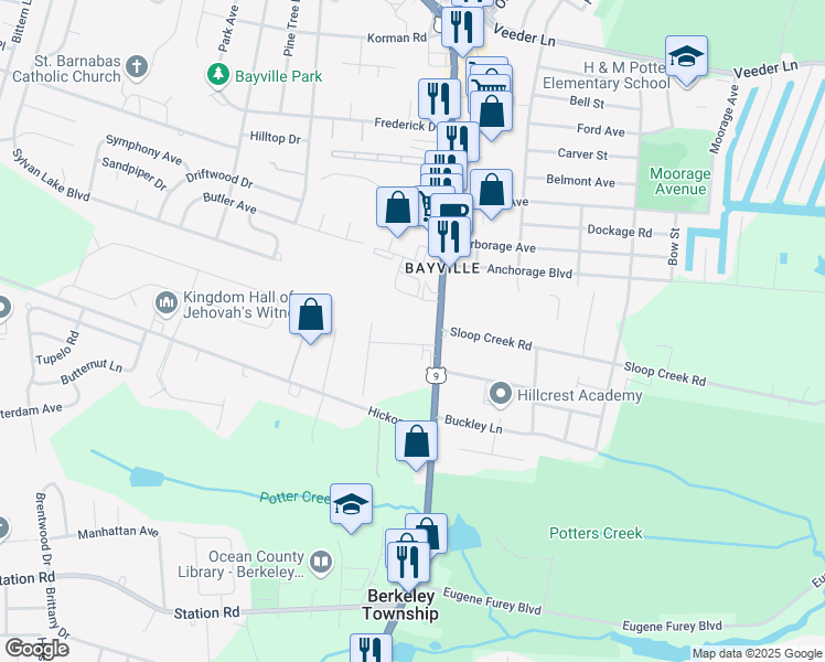 map of restaurants, bars, coffee shops, grocery stores, and more near 6 Allard Road in Berkeley Township