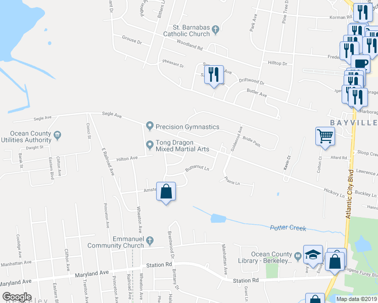 map of restaurants, bars, coffee shops, grocery stores, and more near 245 Hickory Lane in Ocean County