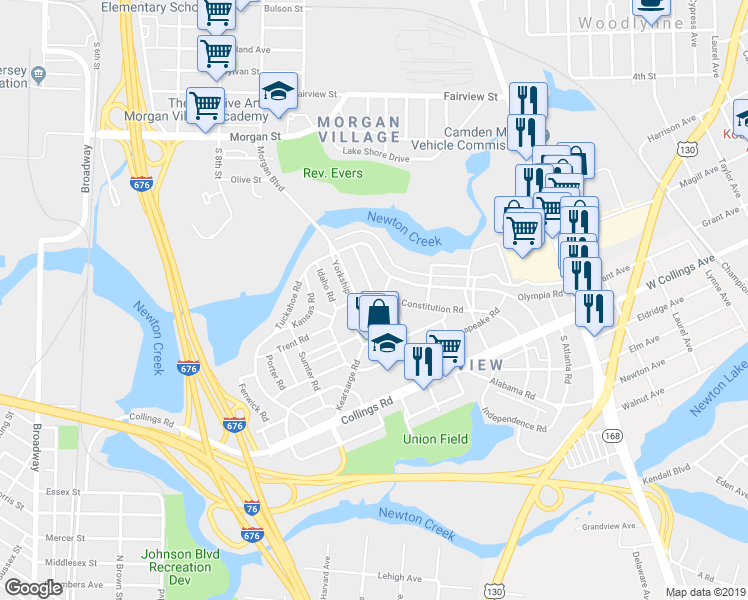 map of restaurants, bars, coffee shops, grocery stores, and more near 2844 North Constitution Road in Camden