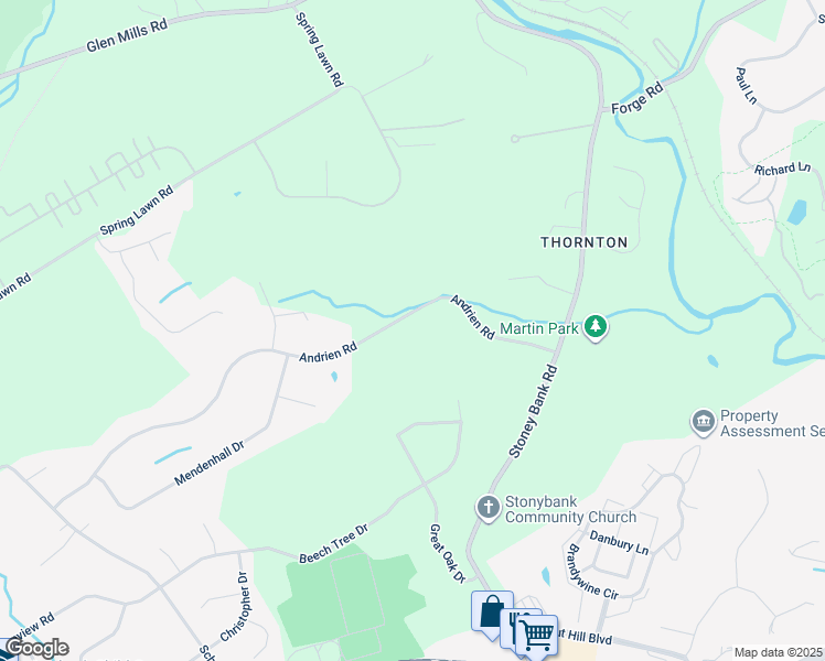 map of restaurants, bars, coffee shops, grocery stores, and more near 36 Andrien Road in Glen Mills