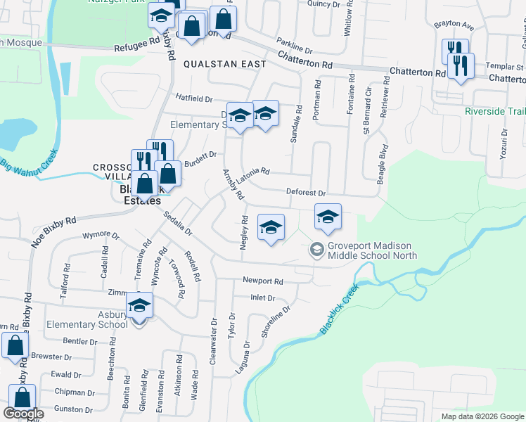 map of restaurants, bars, coffee shops, grocery stores, and more near 3440 Arnsby Road in Columbus