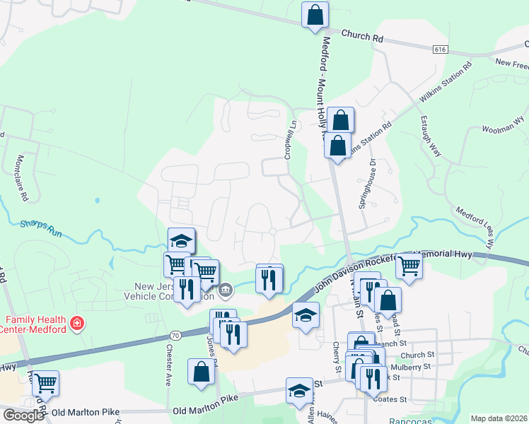 map of restaurants, bars, coffee shops, grocery stores, and more near 166 Eaves Mill Road in Medford