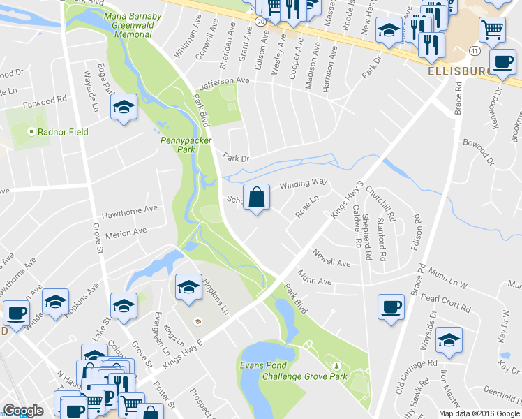 map of restaurants, bars, coffee shops, grocery stores, and more near 19 School Lane in Cherry Hill