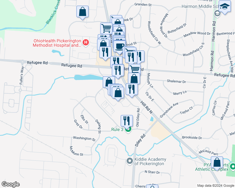 map of restaurants, bars, coffee shops, grocery stores, and more near 1045 Hill Road North in Pickerington
