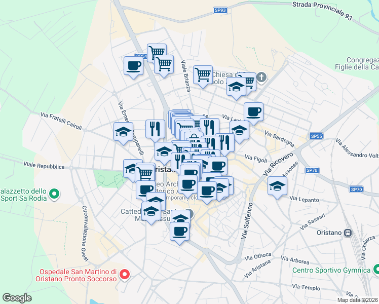 map of restaurants, bars, coffee shops, grocery stores, and more near 63 Via Tirso in Oristano