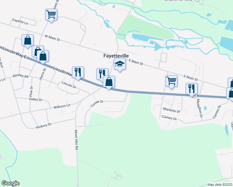map of restaurants, bars, coffee shops, grocery stores, and more near 5052 Lincoln Way East in Fayetteville