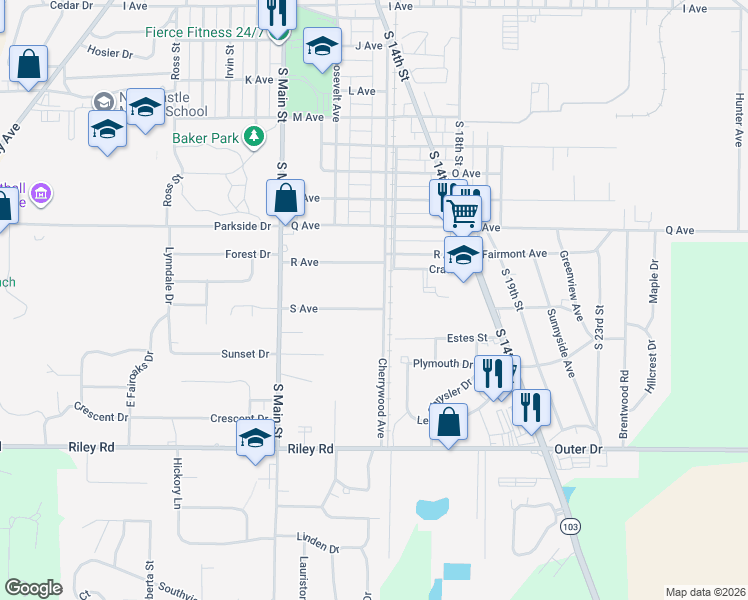 map of restaurants, bars, coffee shops, grocery stores, and more near 2621 Cherrywood Avenue in New Castle