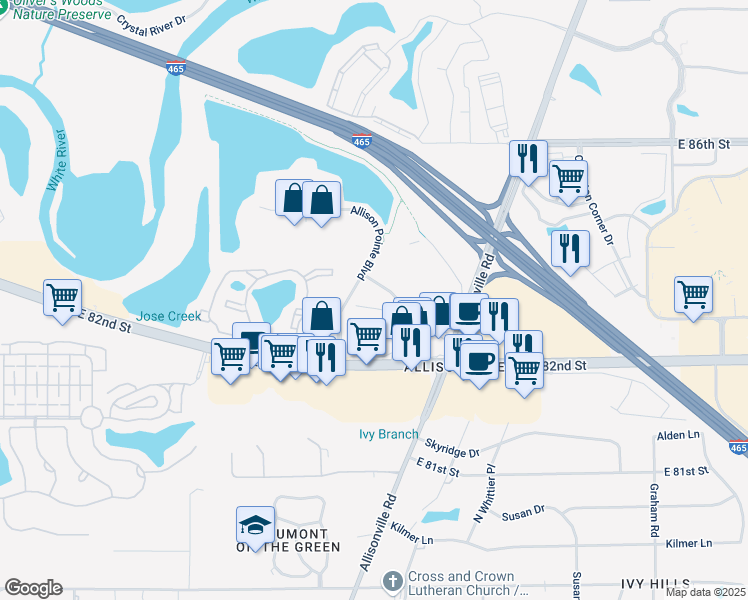 map of restaurants, bars, coffee shops, grocery stores, and more near 8330 Allison Pointe Trail in Indianapolis