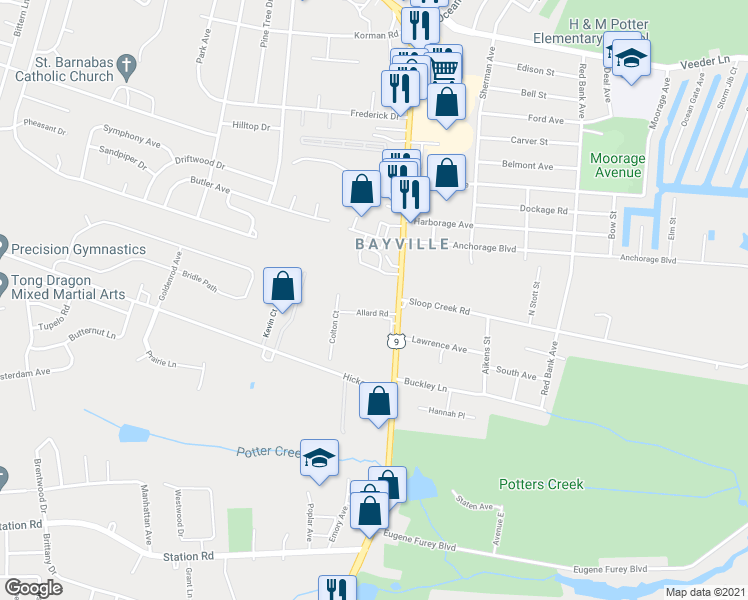 map of restaurants, bars, coffee shops, grocery stores, and more near 6 Allard Road in Berkeley Township