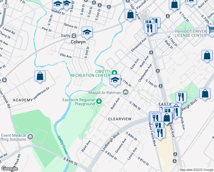 map of restaurants, bars, coffee shops, grocery stores, and more near 2505 South 78th Street in Philadelphia