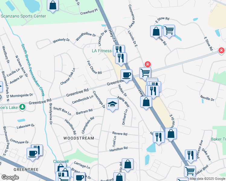 map of restaurants, bars, coffee shops, grocery stores, and more near 17 Apple Way in Marlton