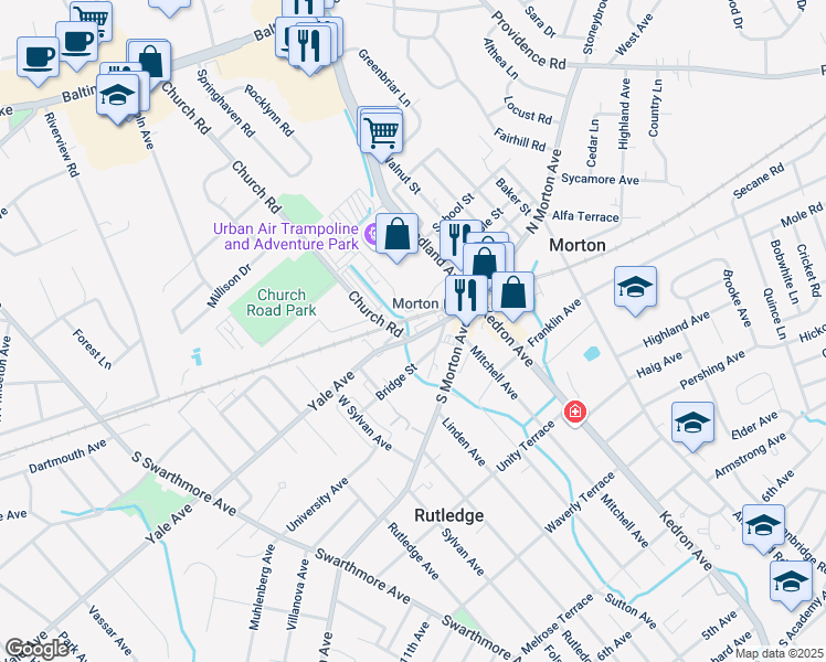 map of restaurants, bars, coffee shops, grocery stores, and more near 44 Yale Avenue in Morton