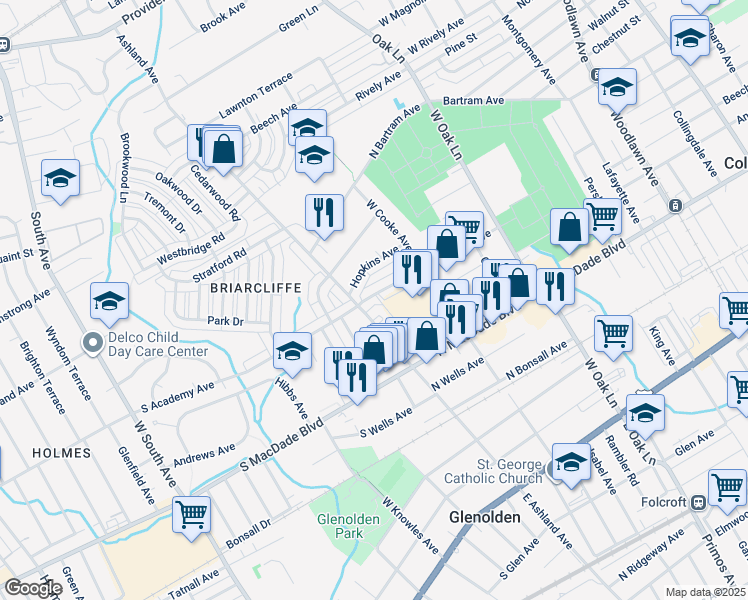 map of restaurants, bars, coffee shops, grocery stores, and more near 1074 North Academy Avenue in Glenolden