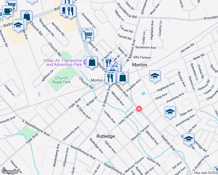 map of restaurants, bars, coffee shops, grocery stores, and more near 31 Faraday Court in Morton