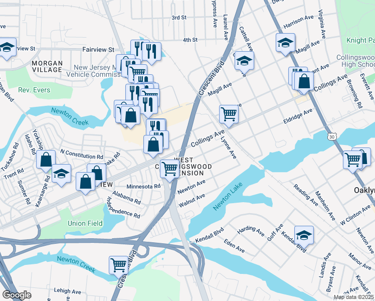 map of restaurants, bars, coffee shops, grocery stores, and more near 1250 Collings Avenue in Haddon Township