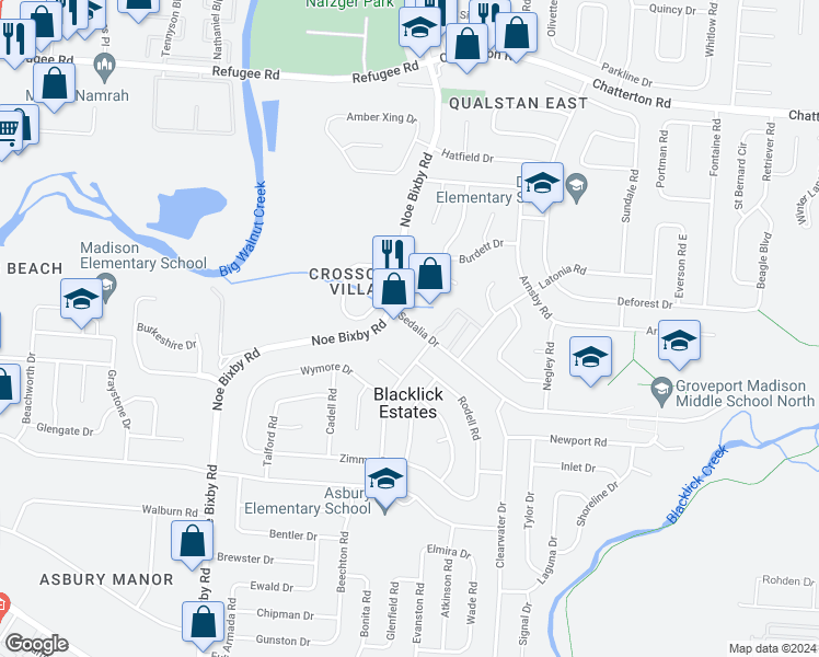 map of restaurants, bars, coffee shops, grocery stores, and more near 5107 Sedalia Drive in Columbus