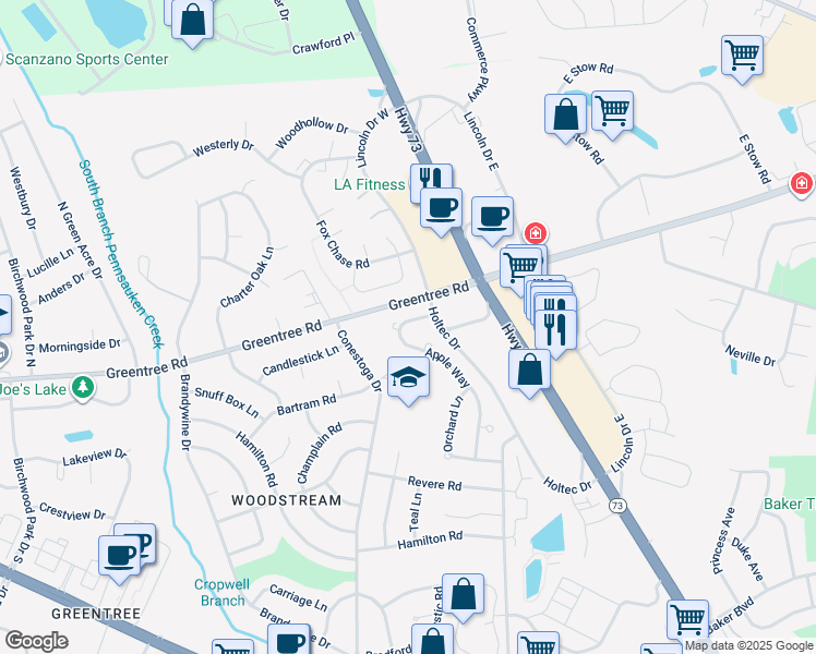 map of restaurants, bars, coffee shops, grocery stores, and more near 17 Apple Way in Marlton