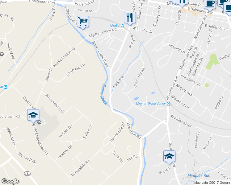 map of restaurants, bars, coffee shops, grocery stores, and more near 8 Rose Hill Road in Media