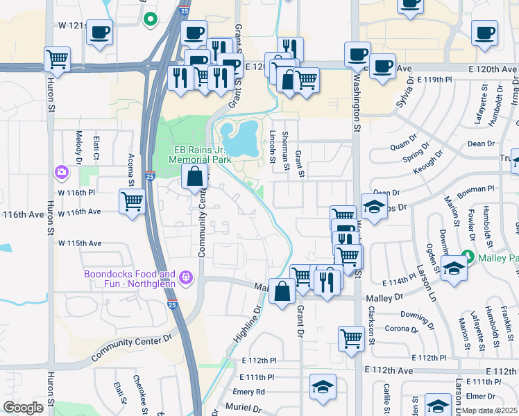 map of restaurants, bars, coffee shops, grocery stores, and more near 11643 Lincoln Street in Northglenn